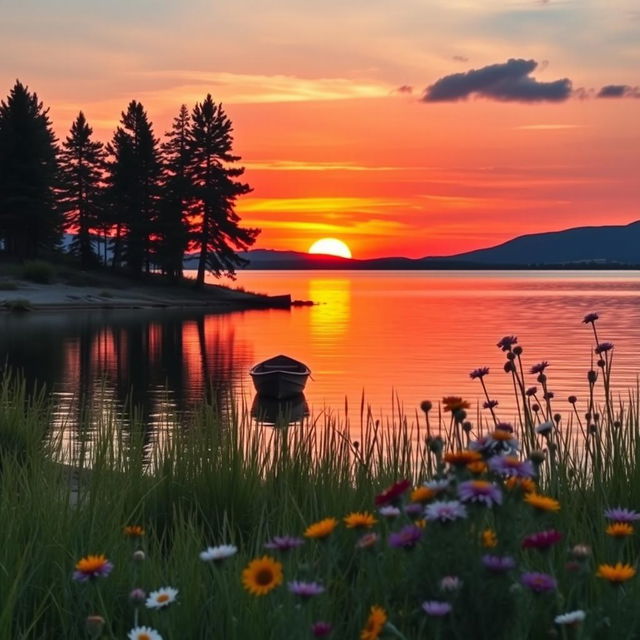 A serene summer sunset over a tranquil lake, with vibrant orange and pink hues reflecting off the water