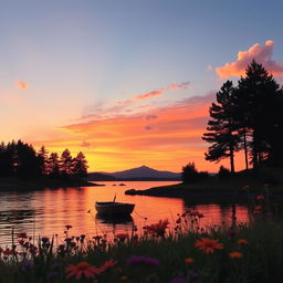 A serene summer sunset over a tranquil lake, with vibrant orange and pink hues reflecting off the water