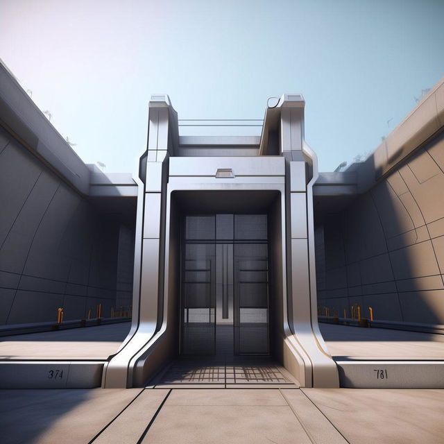 front view of gate of futuristic maximum-security penitentiary in broad daylight based on https://files.dreamhome.software/files/static/37174