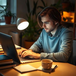 A person with brown hair working intently on a laptop at a modern desk, surrounded by books and a coffee cup