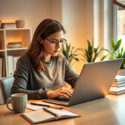 A person with brown hair working intently on a laptop at a modern desk, surrounded by books and a coffee cup