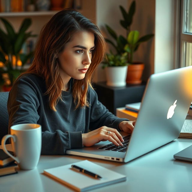 A person with brown hair working intently on a laptop at a modern desk, surrounded by books and a coffee cup