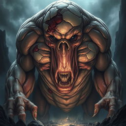A captivating light novel cover showcasing a giant grotesque flesh golem, prominently featuring its massive, muscular body that looms ominously in the foreground