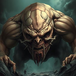 A captivating light novel cover showcasing a giant grotesque flesh golem, prominently featuring its massive, muscular body that looms ominously in the foreground