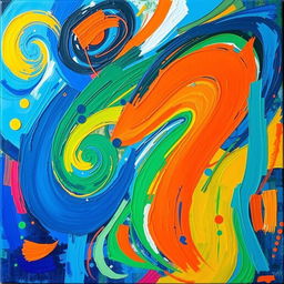 A vibrant and colorful abstract painting featuring swirling patterns and bold brush strokes
