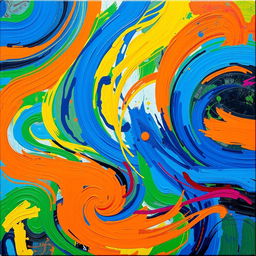 A vibrant and colorful abstract painting featuring swirling patterns and bold brush strokes