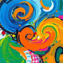 A vibrant and colorful abstract painting featuring swirling patterns and bold brush strokes