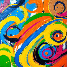 A vibrant and colorful abstract painting featuring swirling patterns and bold brush strokes