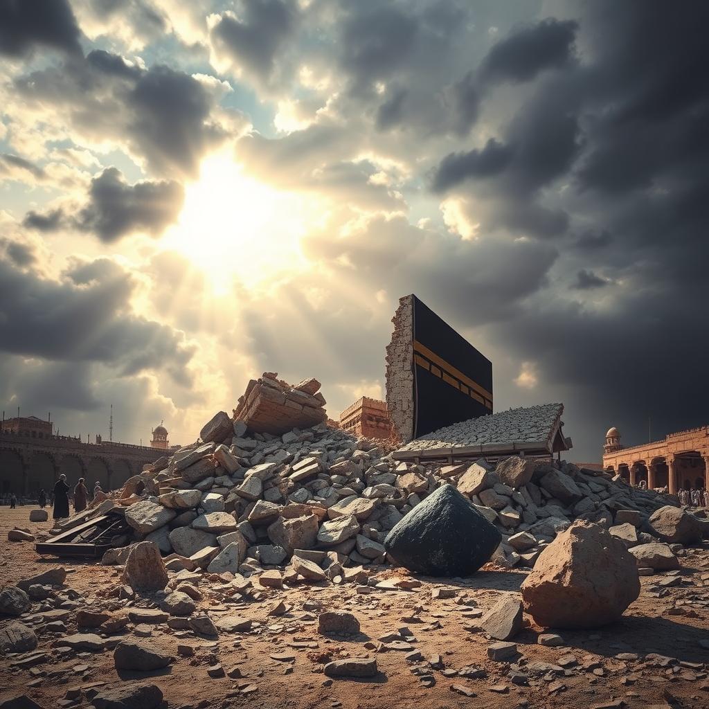 A dramatic and artistic representation of the Ka'bah in ruins, depicting the aftermath of a catastrophic event