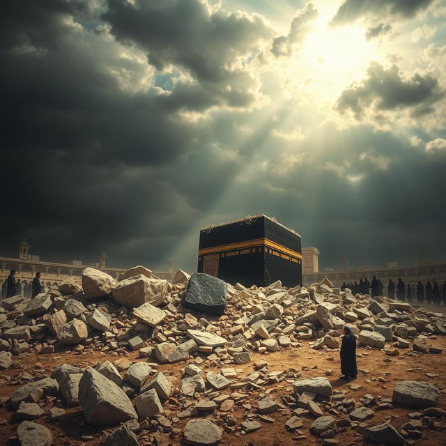 A dramatic and artistic representation of the Ka'bah in ruins, depicting the aftermath of a catastrophic event