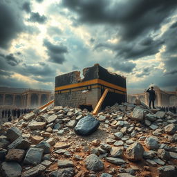 A dramatic and artistic representation of the Ka'bah in ruins, depicting the aftermath of a catastrophic event