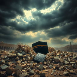A dramatic and artistic representation of the Ka'bah in ruins, depicting the aftermath of a catastrophic event
