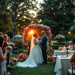 A gorgeous wedding scene featuring an elegantly decorated outdoor venue with a lush garden full of colorful flowers and greenery