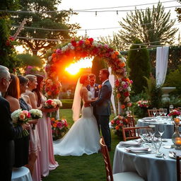 A gorgeous wedding scene featuring an elegantly decorated outdoor venue with a lush garden full of colorful flowers and greenery