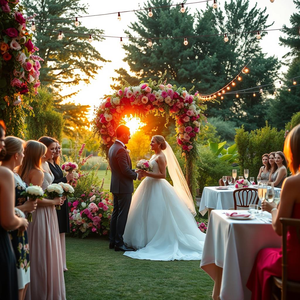 A gorgeous wedding scene featuring an elegantly decorated outdoor venue with a lush garden full of colorful flowers and greenery