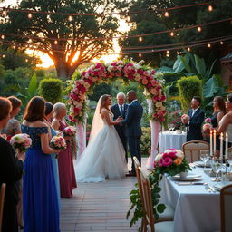 A gorgeous wedding scene featuring an elegantly decorated outdoor venue with a lush garden full of colorful flowers and greenery