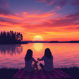 An artistic interpretation of a beautiful sunset over a serene lake, showcasing vibrant orange, pink, and purple hues blending seamlessly in the sky