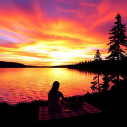 An artistic interpretation of a beautiful sunset over a serene lake, showcasing vibrant orange, pink, and purple hues blending seamlessly in the sky