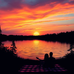 An artistic interpretation of a beautiful sunset over a serene lake, showcasing vibrant orange, pink, and purple hues blending seamlessly in the sky