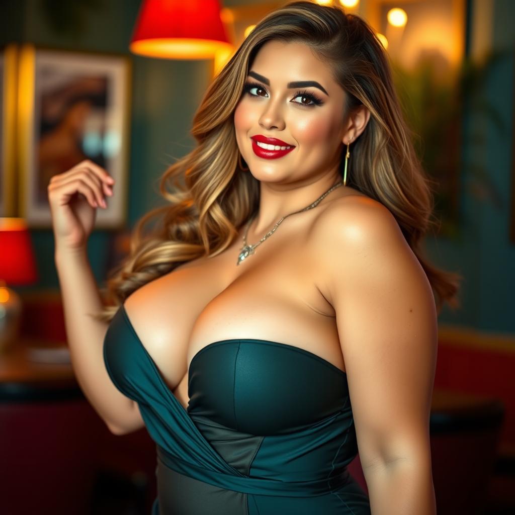 A sensual and voluptuous woman with striking big breasts, wearing a stylish and revealing outfit that accentuates her curves