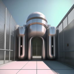 front view of gate of futuristic maximum-security penitentiary in broad daylight based on https://files.dreamhome.software/files/static/37174