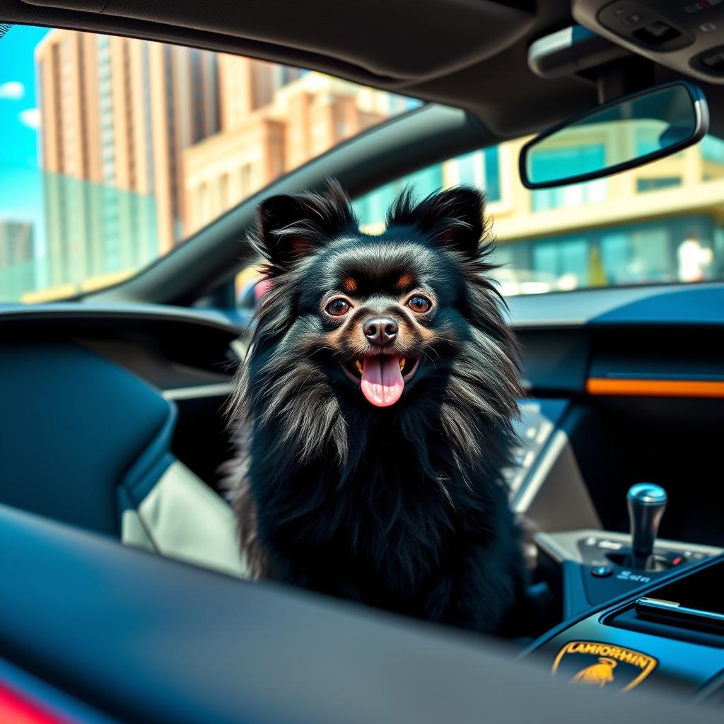 A stylish black Pomeranian dog with long, fluffy fur sitting comfortably in the driver's seat of a sleek, luxurious Lamborghini car