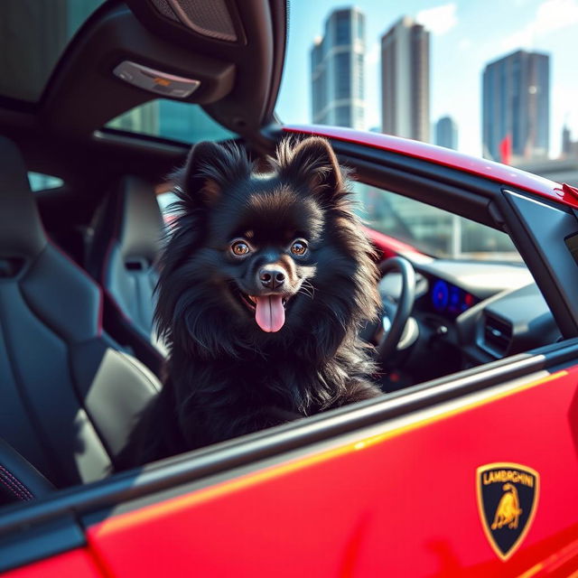 A stylish black Pomeranian dog with long, fluffy fur sitting comfortably in the driver's seat of a sleek, luxurious Lamborghini car