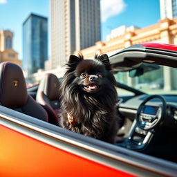 A stylish black Pomeranian dog with long, fluffy fur sitting comfortably in the driver's seat of a sleek, luxurious Lamborghini car