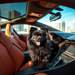 A stylish black Pomeranian dog with long, fluffy fur sitting comfortably in the driver's seat of a sleek, luxurious Lamborghini car