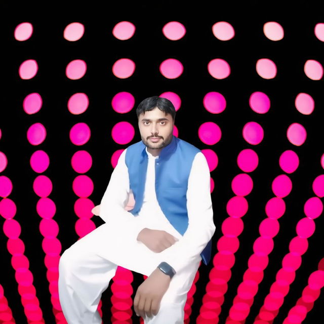 A confident young man in traditional attire, wearing a blue waistcoat over a white kurta, seated on a simple stool