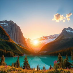 A stunning realistic 3D photo of a majestic mountain landscape during sunset