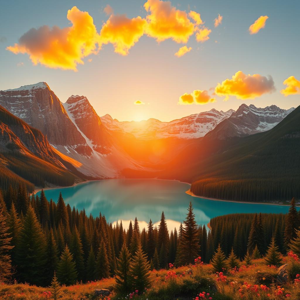 A stunning realistic 3D photo of a majestic mountain landscape during sunset