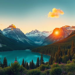 A stunning realistic 3D photo of a majestic mountain landscape during sunset