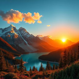 A stunning realistic 3D photo of a majestic mountain landscape during sunset