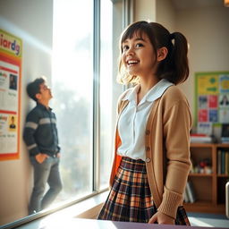 A cheerful schoolgirl looking out from a classroom window with a bright smile, as she spots her boyfriend waiting outside