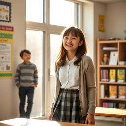 A cheerful schoolgirl looking out from a classroom window with a bright smile, as she spots her boyfriend waiting outside