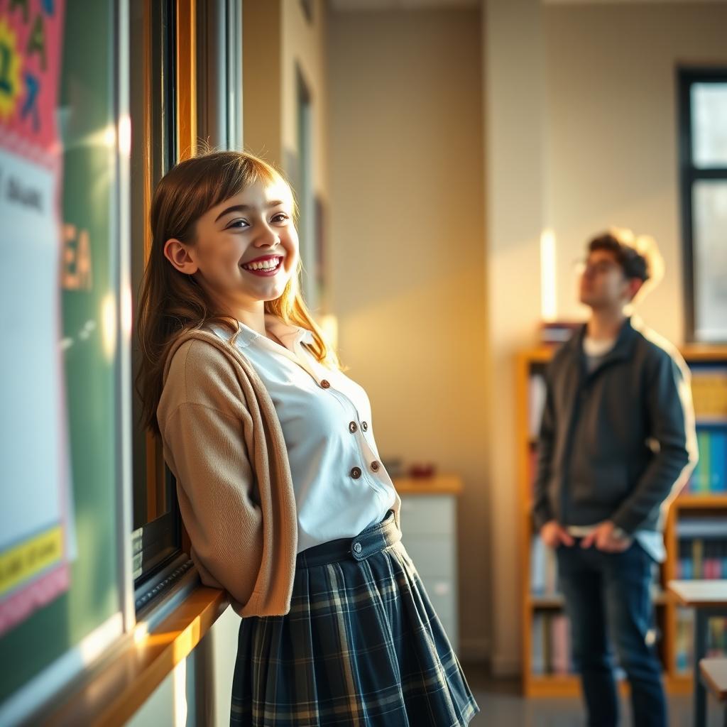 A cheerful schoolgirl looking out from a classroom window with a bright smile, as she spots her boyfriend waiting outside