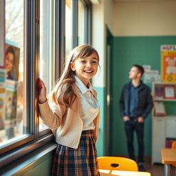 A cheerful schoolgirl looking out from a classroom window with a bright smile, as she spots her boyfriend waiting outside