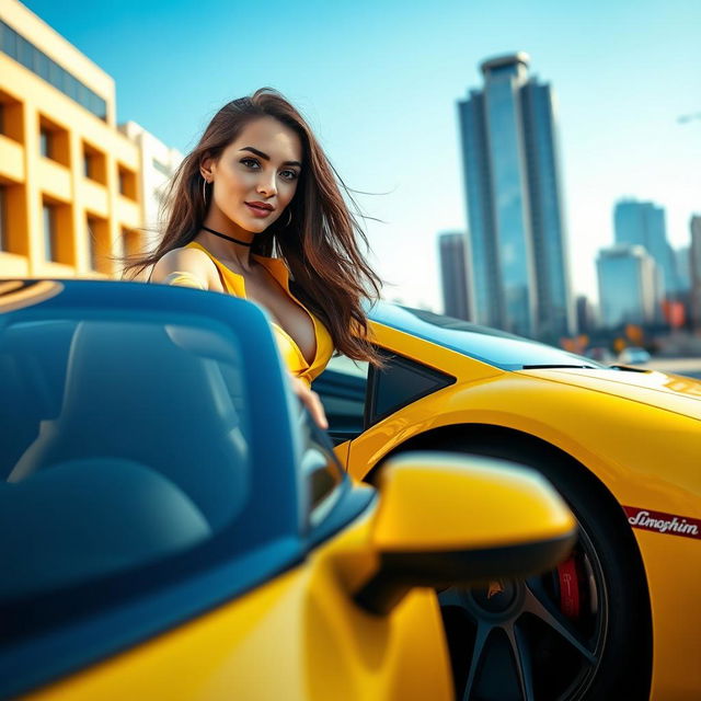A young woman confidently driving a sleek, bright yellow Lamborghini through a vibrant urban cityscape