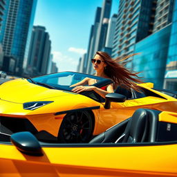 A young woman confidently driving a sleek, bright yellow Lamborghini through a vibrant urban cityscape