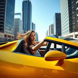 A young woman confidently driving a sleek, bright yellow Lamborghini through a vibrant urban cityscape