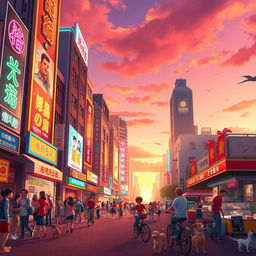 A vibrant and colorful animated scene depicting a lively city street during sunset, with tall buildings showcasing dynamic neon lights and lively advertisements