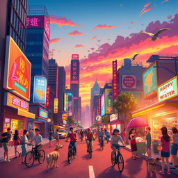 A vibrant and colorful animated scene depicting a lively city street during sunset, with tall buildings showcasing dynamic neon lights and lively advertisements