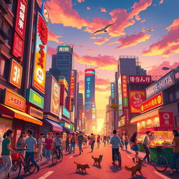 A vibrant and colorful animated scene depicting a lively city street during sunset, with tall buildings showcasing dynamic neon lights and lively advertisements