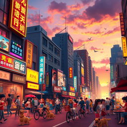 A vibrant and colorful animated scene depicting a lively city street during sunset, with tall buildings showcasing dynamic neon lights and lively advertisements