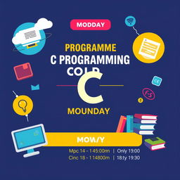 An advertisement flyer for a C programming course, taking place on Monday