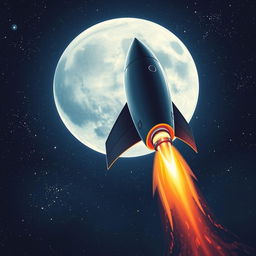 A stunning illustration of a rocket soaring through a starry night sky towards the moon