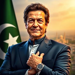 A dynamic portrait of Imran Khan, the former Prime Minister of Pakistan, showcasing his charismatic leadership qualities