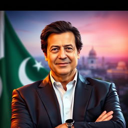 A dynamic portrait of Imran Khan, the former Prime Minister of Pakistan, showcasing his charismatic leadership qualities