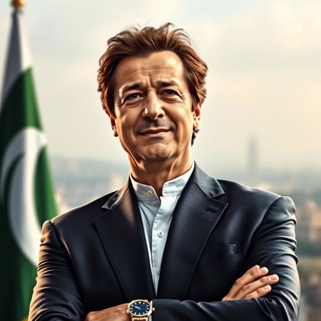 A dynamic portrait of Imran Khan, the former Prime Minister of Pakistan, showcasing his charismatic leadership qualities